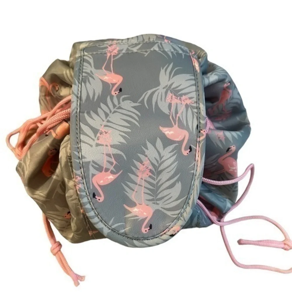 Flamingo Drawstring Cosmetic Bag - Gray and Pink